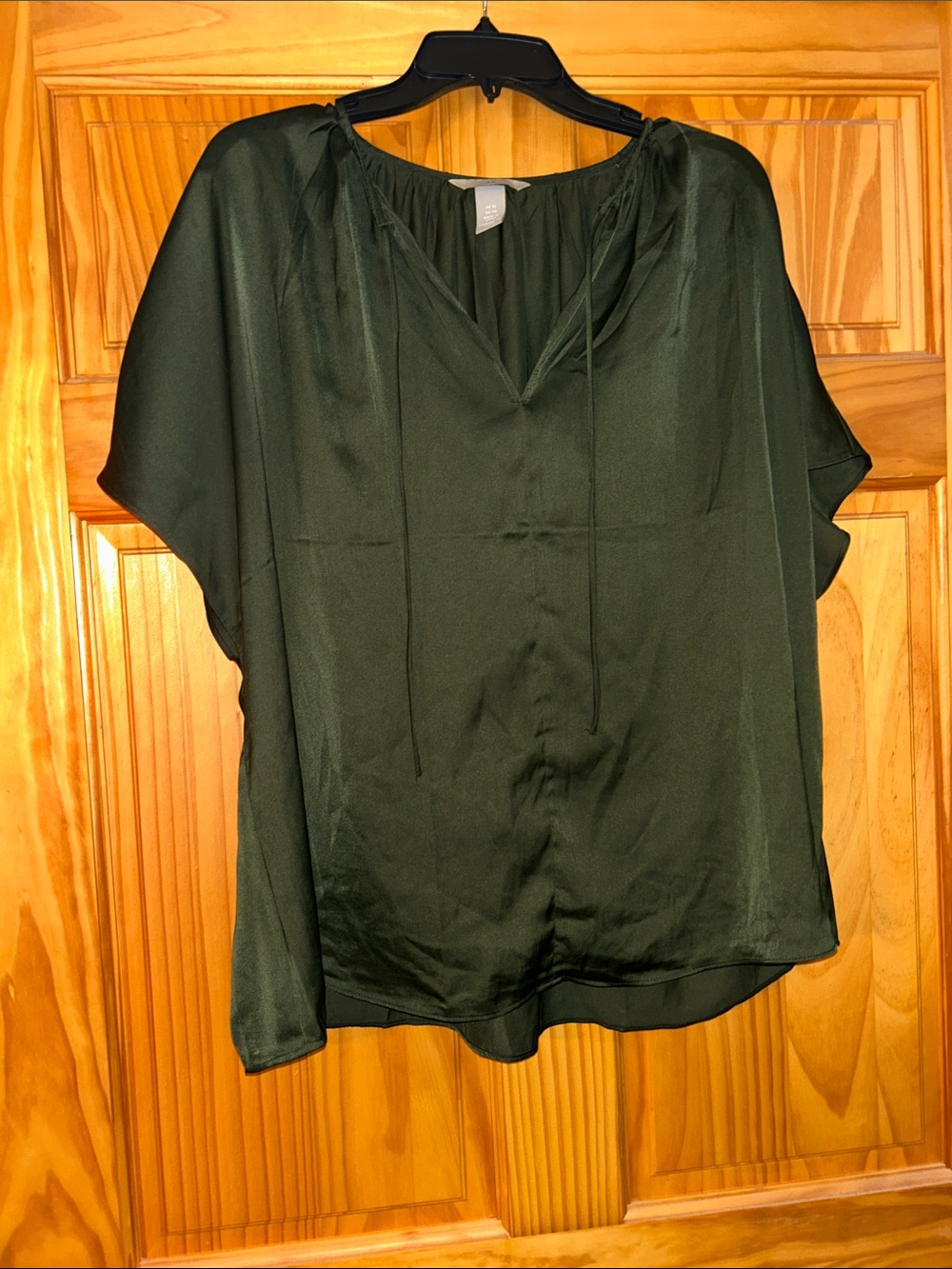 H&M Forest Green Satin V-Neck Blouse with Tie